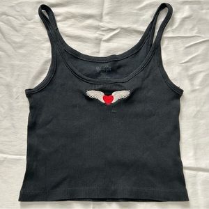 Brandy Melville John Galt Angel Wings Embroidered Black Cropped Tank Top, OS
